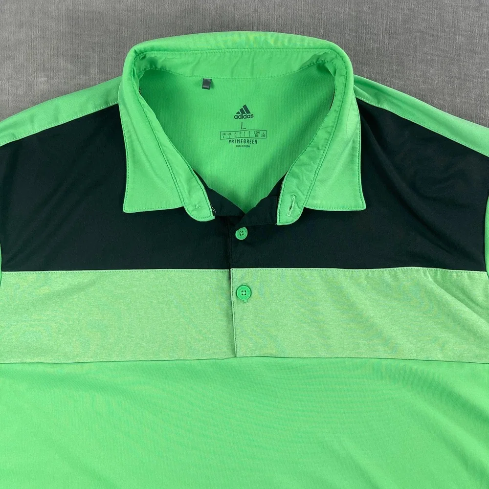Adidas Mens Large Green Polo Shirt Primegreen AJGA Logo Colorblock Performance